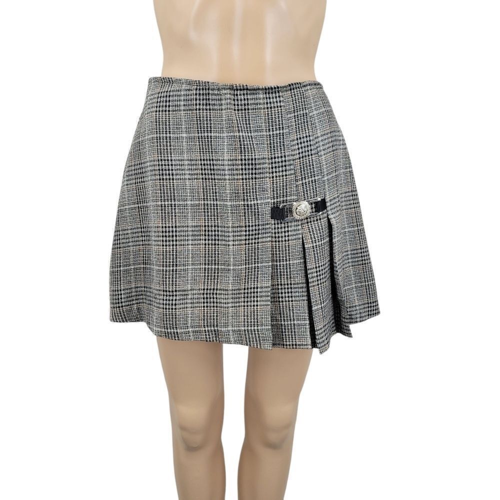 Mini Skirt 90s Y2K Black Plaid Pleated Front Slit Preppy Goth